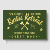 キャビン素朴リトリートパーソナライズされたネームグリーン金ゴールド ゲストブック (正面)