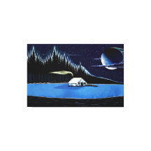 "キャビン・バイ・ザ・レイク"ストレッチされたキャンバス印刷。