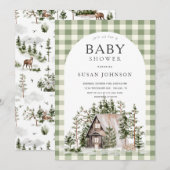 キャビン フォレスト ウッドランド グリーン チェック ベビー シャワー 招待状 (正面/裏面)