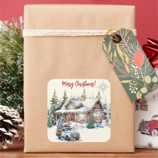 キャビン・ホリデー・カードからのメリークリスマス スクエアシール (クリスマス)