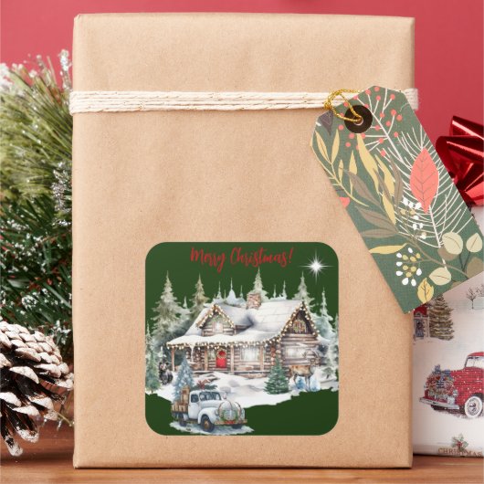 キャビン・ホリデー・カードからのメリークリスマス スクエアシール (クリスマス)