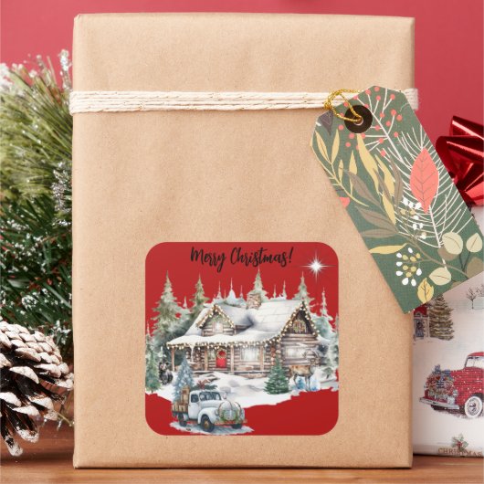 キャビン・ホリデー・カードからのメリークリスマス スクエアシール (クリスマス)