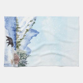 キャビン、湖、山、木、クマの冬のシーン キッチンタオル