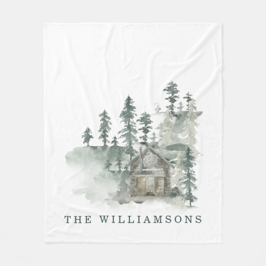 キャビ素朴ンウォーターカラーフォレストグリーンファミリ名  フリースブランケット (正面)