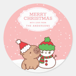 キャピバラと雪だるまかわいいメリークリスマス ラウンドシール