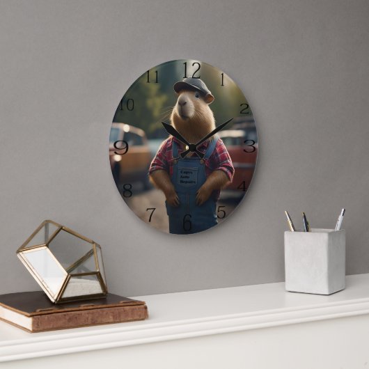 「キャピバラ整備士：グリース、ギア、そして良い雰囲気」 ラージ壁時計 (オフィス)