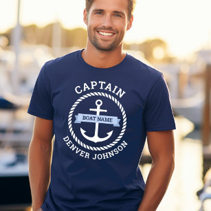 キャプテンいかり縁どロープのボート名のバナー Tシャツ