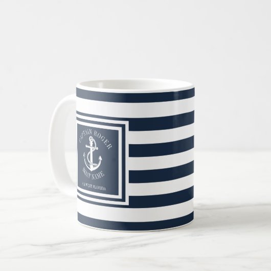 キャプテンアンドボートネームネイビーブルーストライプいかり コーヒーマグカップ (正面左)