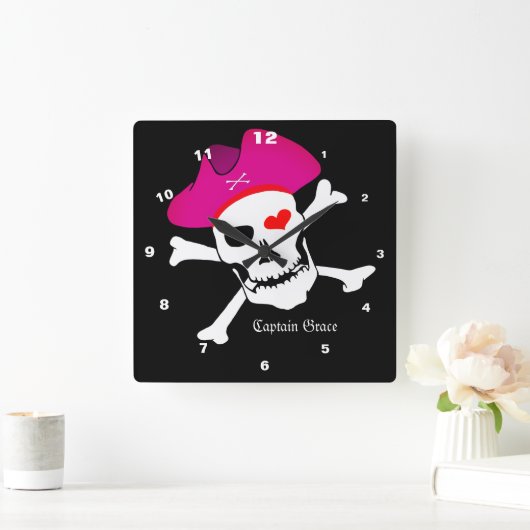 キャプテングレース&パイレーツフラグ、スカルハウス/ボート スクエア壁時計 (ホーム)