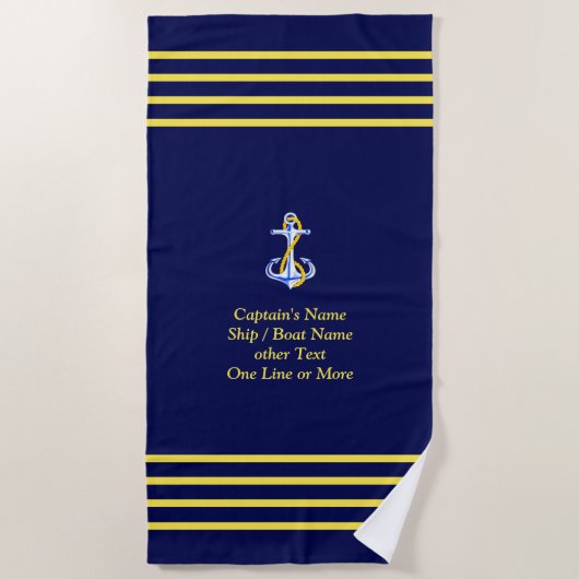 キャプテンストライプの4つの金ゴールド – 名前とその他の文字の追加 ビーチタオル (正面)