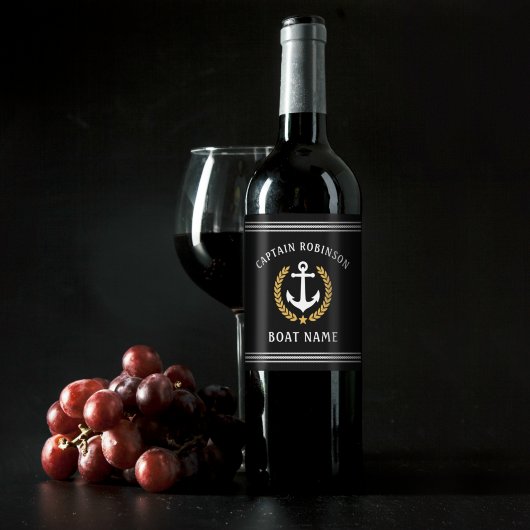 キャプテンネーム&ボートいかり金ゴールドローレルブラック ワインラベル