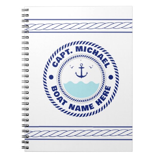 キャプテンパーソナライズされた航海のいかりボート名 ノートブック (正面)