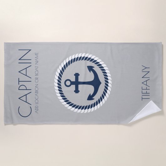 キャプテンパーソナライズされた航海のいかりボート ビーチタオル (正面)