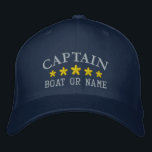 キャプテン航海のボート名ネイビーブルー金ゴールドスターハット 刺繍入りキャップ<br><div class="desc">スタイルで帆走パーソナライズされたあなたのキャプテンランクまたは他の希望のタイトルと一緒にあなたの名前またはボートの名前と5つの金ゴールドの星で飾られた刺繍された帽子。キャップとスレッドの色から選択する。父の日素晴らし、生カスタム日、または任意の大事な行事のための贈り物をする。</div>