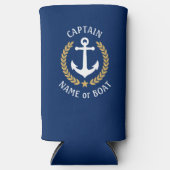 キャプテン&あなたのボート名いかり金ゴールドローレルネイビー スリム缶クーラー (正面)