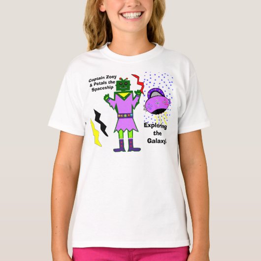 キャプテン・ゾーイ・ガール・ロボット・ピンク・ペタル・宇宙船 Tシャツ (正面)