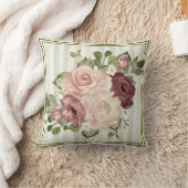 キャベツクラシックバラ付きオリーブストライプ/クリーム クッション (ブランケット)