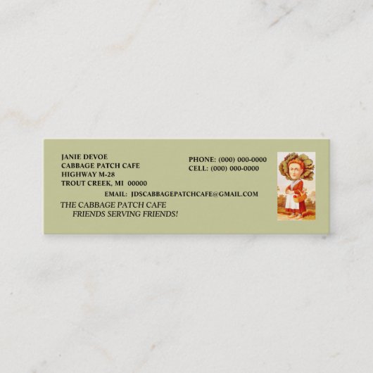 キャベツ畑の女性のカフェの飲食業カード スキニー名刺 (正面)