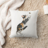 キャラクター豊かな三毛猫と蝶の水彩柄ブランケット クッション (ブランケット)