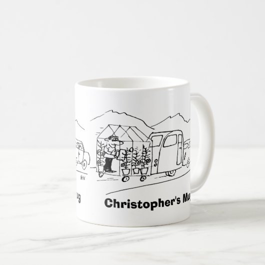 キャラバンと温室が車で牽引 コーヒーマグカップ (正面右)