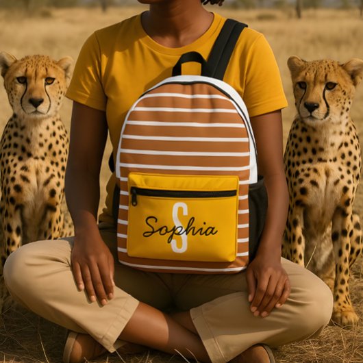 キャラメルと白ストライプ色のはっきりしたポケット プリントバックパック