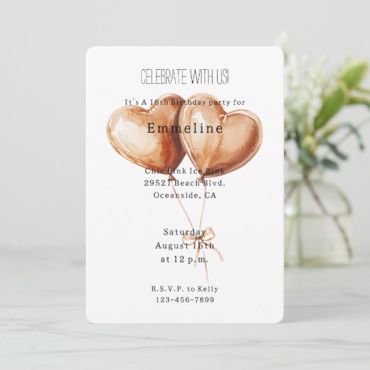 キャラメル ハート 風船 誕生日 招待状 (スタンド正面)