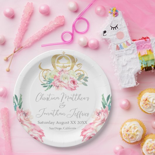 キャリッジとピンクの花おとぎ結婚話 ペーパープレート (パーティー)