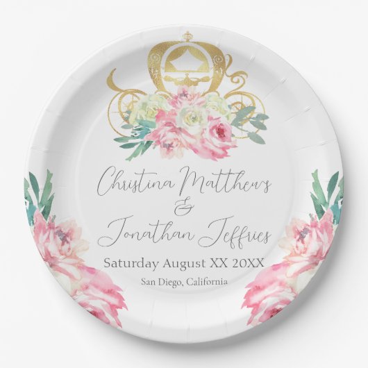 キャリッジとピンクの花おとぎ結婚話 ペーパープレート (正面)