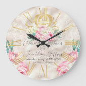 キャリッジとピンクの花おとぎ結婚話 ラージ壁時計 (正面)
