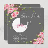 キャリッジグレーピンクローズベビーシャワー招待状 招待状 (正面/裏面)