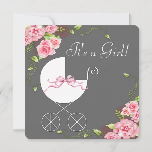 キャリッジグレーピンクローズベビーシャワー招待状 招待状 (正面)