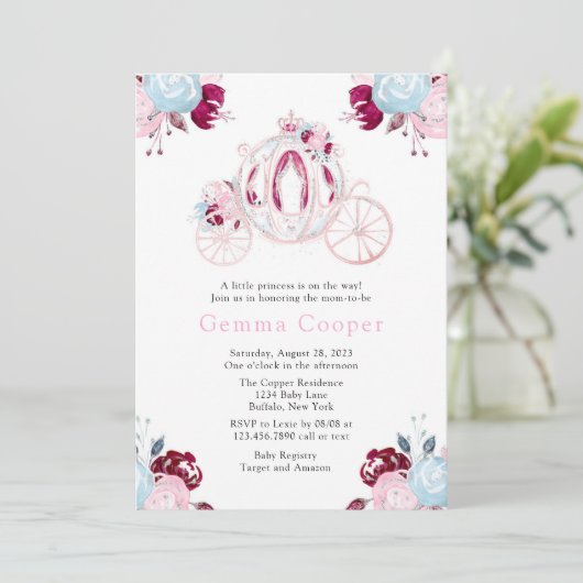 キャリッジピンクとシルバーグリッターガールベビーシャワー 招待状 (スタンド正面)