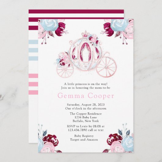 キャリッジピンクとシルバーグリッターガールベビーシャワー 招待状 (正面/裏面)