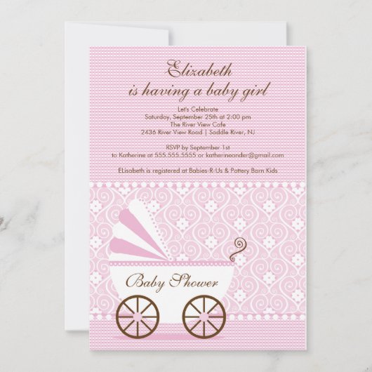 キャリッジベビーシャワー招待状ピンクベビーガール 招待状 (正面)