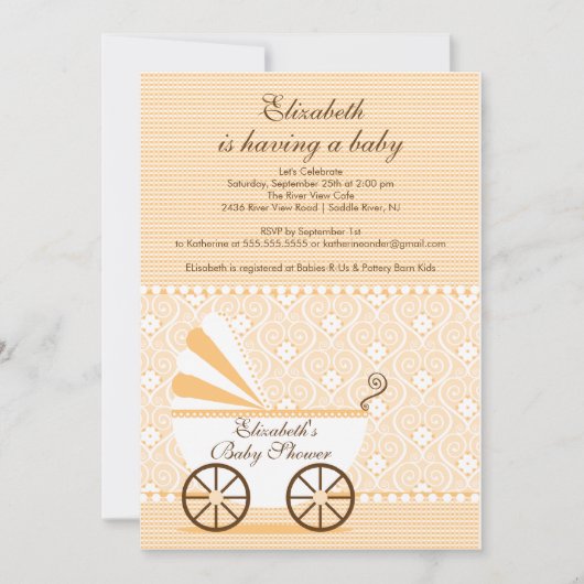 キャリッジベビーシャワー招待状ピーチボーイまたは女の子 招待状 (正面)