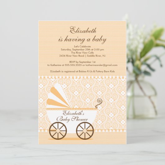 キャリッジベビーシャワー招待状ピーチボーイまたは女の子 招待状 (スタンド正面)