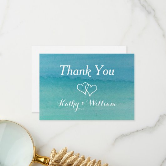 キャリービーンの海景の水彩ビーチ結婚式 サンキューカード (正面/裏面インサイチュ)