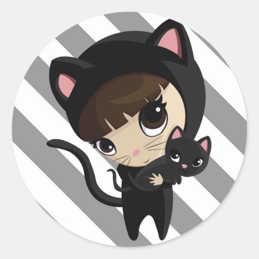 キャロラインと猫キャンディストライプー ラウンドシール (正面)
