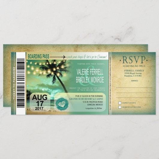キャンカン・トワイライト・ビーチ・ボーディングパス・ウェディングアクア 招待状 (正面/裏面)