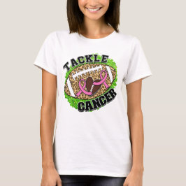 キャンサーに挑戦 レパード柄のフットボール ピンクリボン Tシャツ