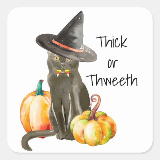 キャンディおもしろいコーンの歯と魔女の帽子を持つ猫 スクエアシール (正面)