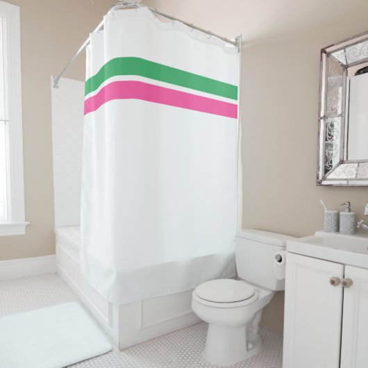 キャンディかわいらしピンクグリーンストライプレース白 シャワーカーテン (インサイチュ)