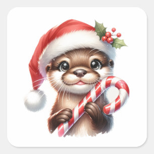 キャンディとサンタハットの愛らしいクリスマスオッター スクエアシール