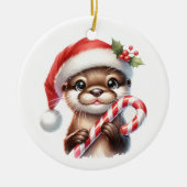 キャンディとサンタハットの愛らしいクリスマスオッター セラミックオーナメント (正面)
