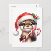 キャンディとサンタハットの愛らしいクリスマスオッター ポストカード (正面/裏面)