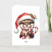 キャンディとサンタハットの愛らしいクリスマスオッター 箔グリーティングカード (裏面)