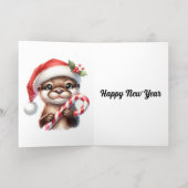 キャンディとサンタハットの愛らしいクリスマスオッター 箔グリーティングカード (内側レイダウン)