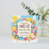 キャンディよくはしゃぐーをテーマにしたパーソナライズされた誕生日 招待状 (スタンド正面)