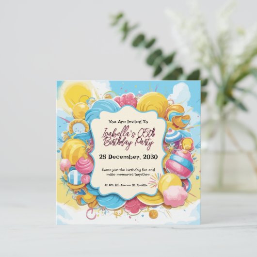 キャンディよくはしゃぐーをテーマにしたパーソナライズされた誕生日 招待状 (スタンド正面)