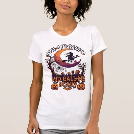 キャンディをちょうだい 不気味な魔女 月のカボチャ Tシャツ (正面)